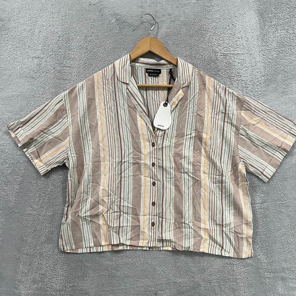 PRANA Iguala Top Shirt Womens La Clay Stripe Tencel Modal Button Up Short Sleeve